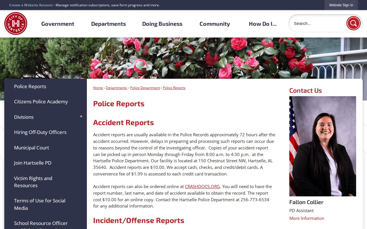 Hartselle Police Department arrest and incident report access page
