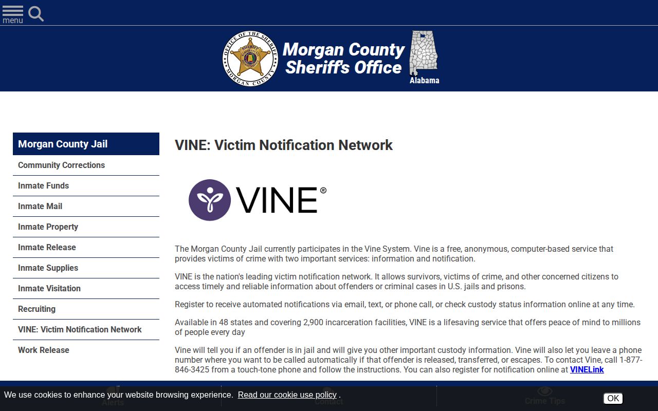 Morgan County Jail VINE custody release notification record information